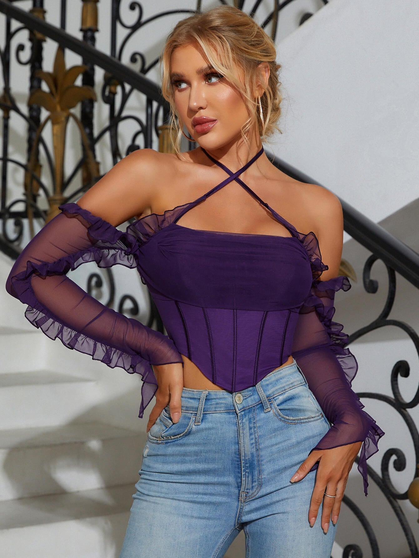 Boning Crisscross Halter Ruffles Mesh Corset Top