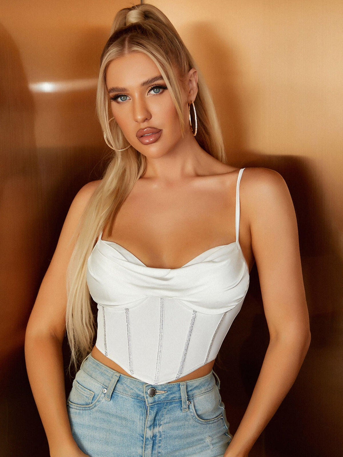 Rhinestone Boning Mesh Satin Spliced Crop Top