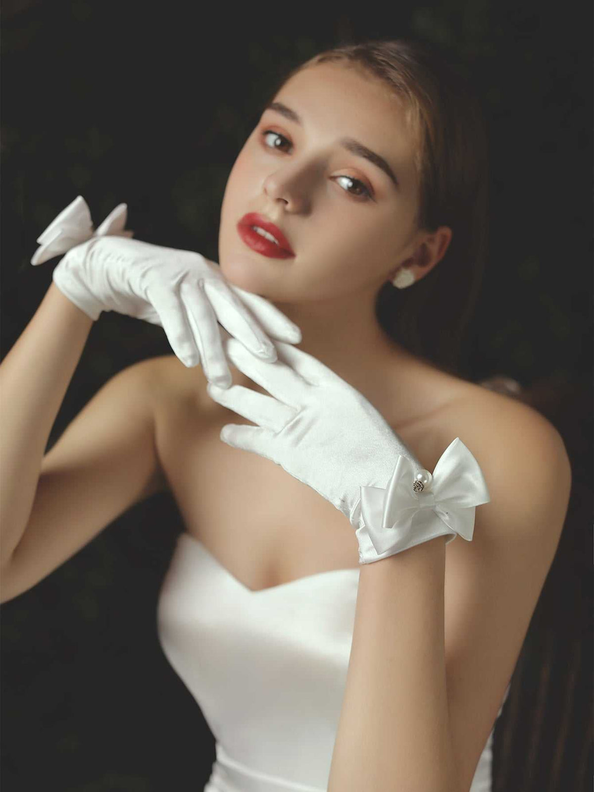 satin bow Wrist Length Bridal wedding Gloves accessories Sai Feel