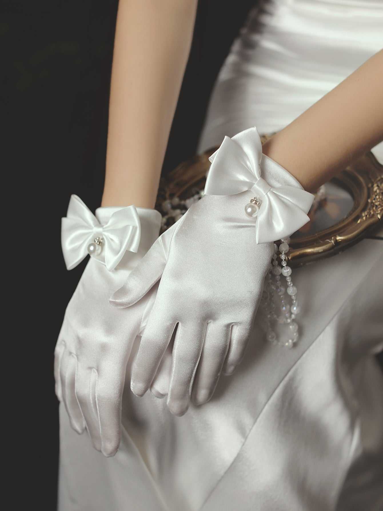 satin bow Wrist Length Bridal wedding Gloves accessories Sai Feel