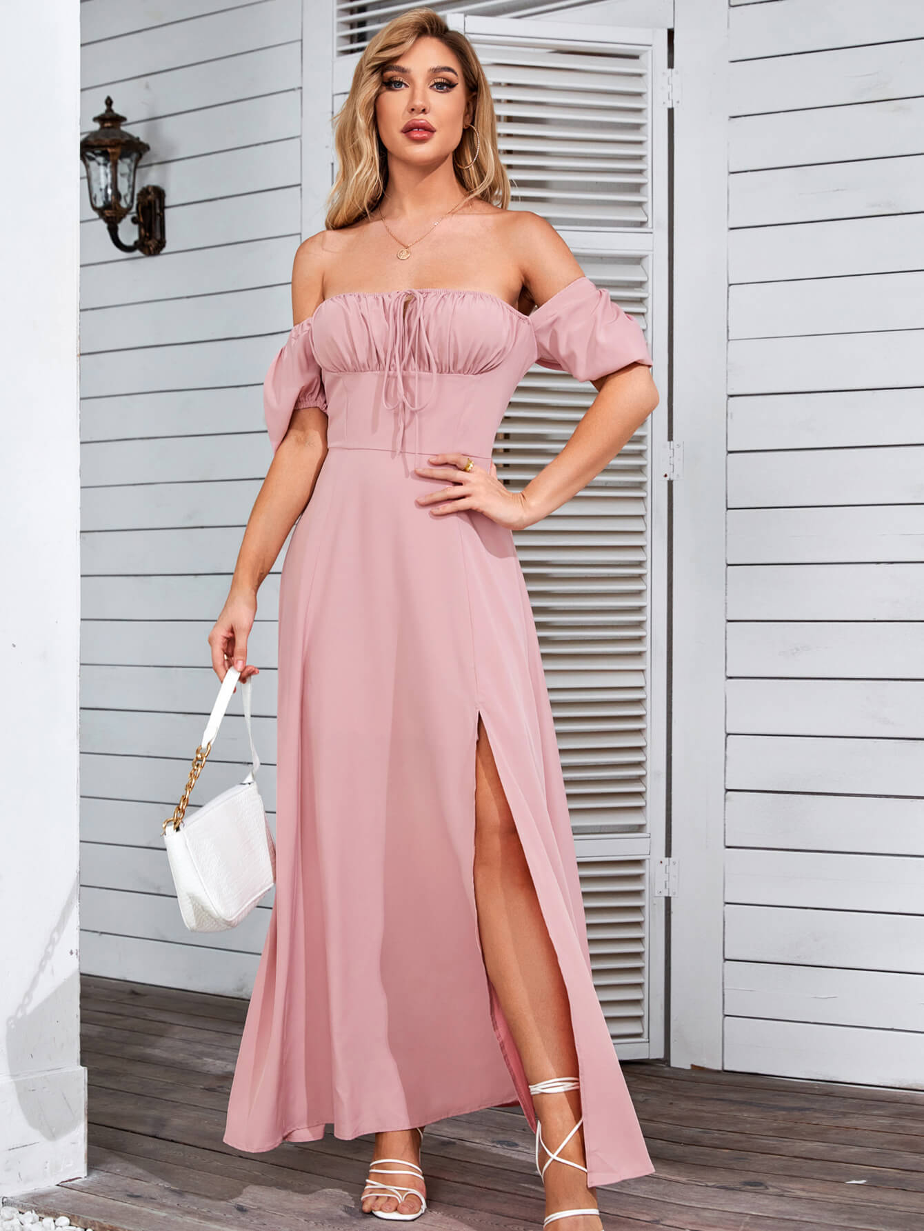 Puff Sleeve Tie Front Off Shoulder Slit Thigh Dress