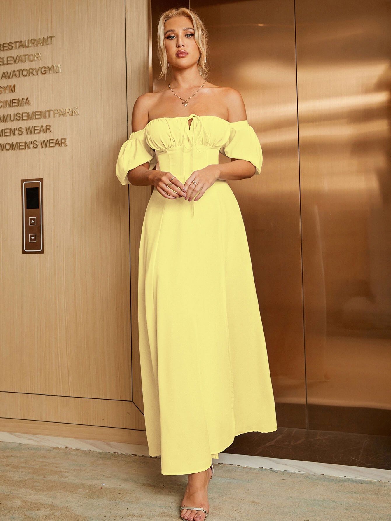 Puff Sleeve Tie Front Off Shoulder Slit Thigh Dress