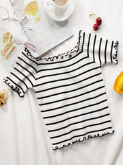 short-sleeved knit square collar fringe t-shirt Sai Feel