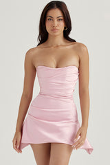 Robe courte de soirée bustier en satin soyeux à bordure plissée - Rose