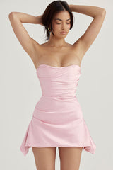 Robe courte de soirée bustier en satin soyeux à bordure plissée - Rose