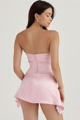 Robe courte de soirée bustier en satin soyeux à bordure plissée - Rose