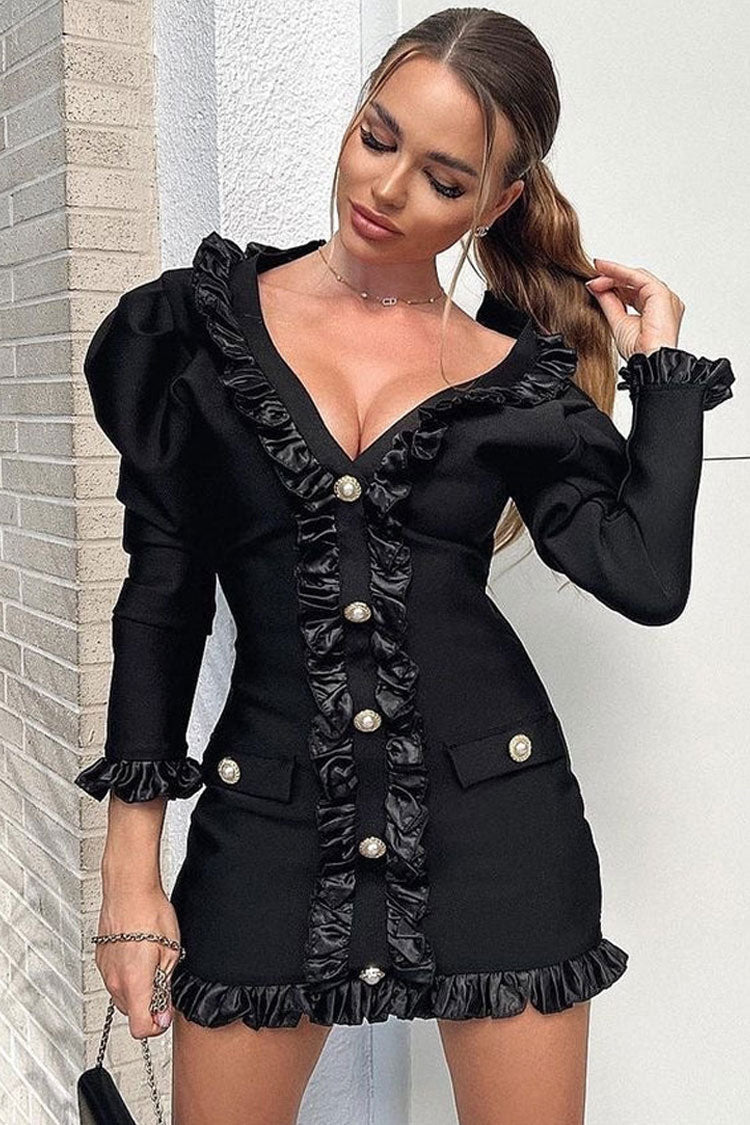 Robe courte moulante à manches longues en satin soyeux avec bordure plissée - Noir