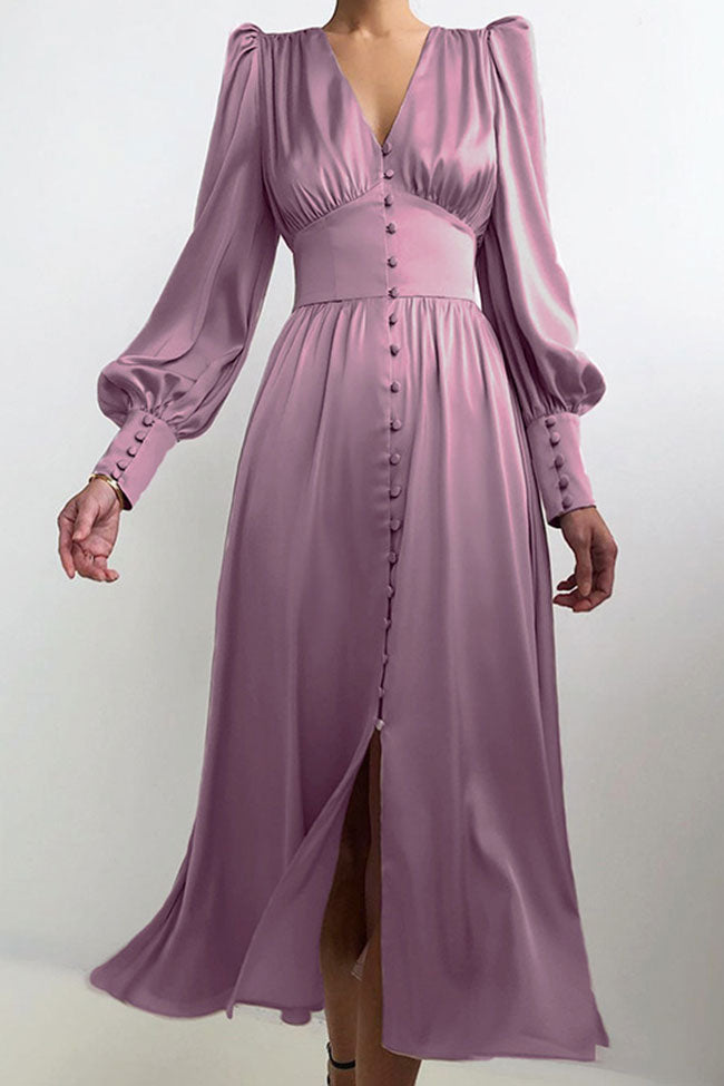 Robe chemise mi-longue boutonnée en satin soyeux à col en V et manches bouffantes - Violet