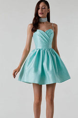 Silky Sweetheart Spaghetti Strap Pleated Satin Skater Mini Dress - Teal