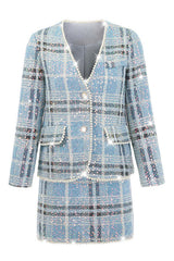 Robe courte deux pièces en tweed à carreaux avec détails en perles scintillantes - Bleu