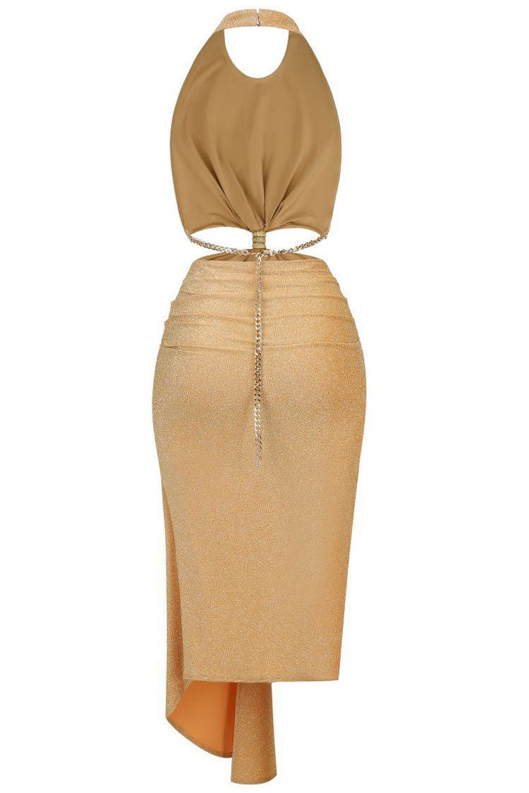 Sparkly Chain Link Cutout Draped Halter Midi Dress - Champagne