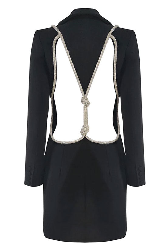 Robe mini blazer à revers dans le dos avec découpe en corde et strass scintillants - Noir