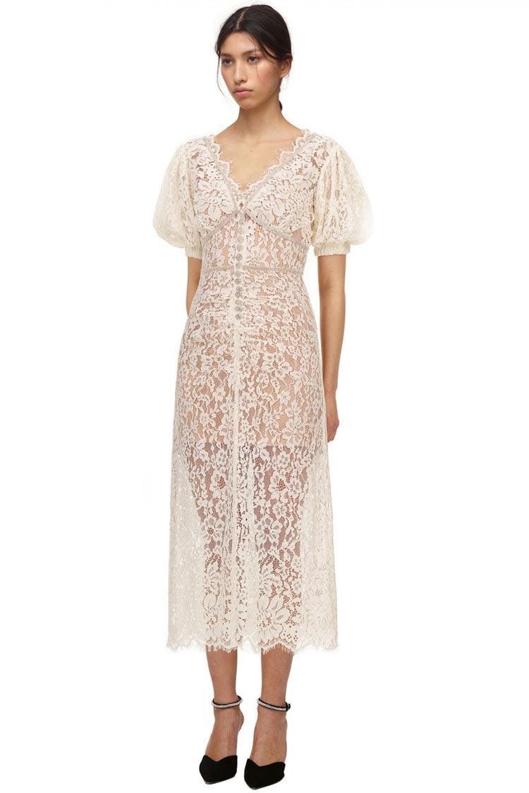 Sparkly Rhinestone V Neck Lace Cocktail Party Midi Dress