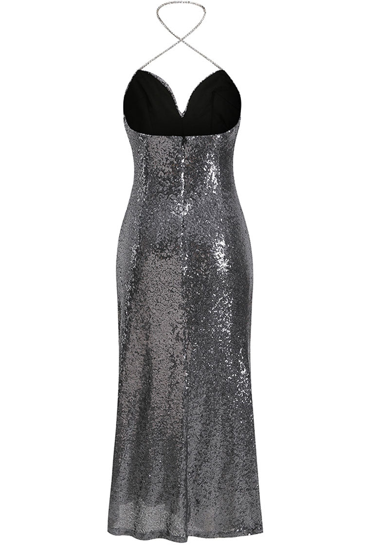 Sparkly Sequin Halter Cowl Neck High Slit Evening Maxi Dress - Silver