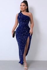 Sparkly Sequin One Shoulder High Split Evening Maxi Dress - Royal Blue