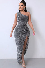 Sparkly Sequin One Shoulder High Split Evening Maxi Dress - Gray