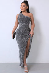 Sparkly Sequin One Shoulder High Split Evening Maxi Dress - Gray