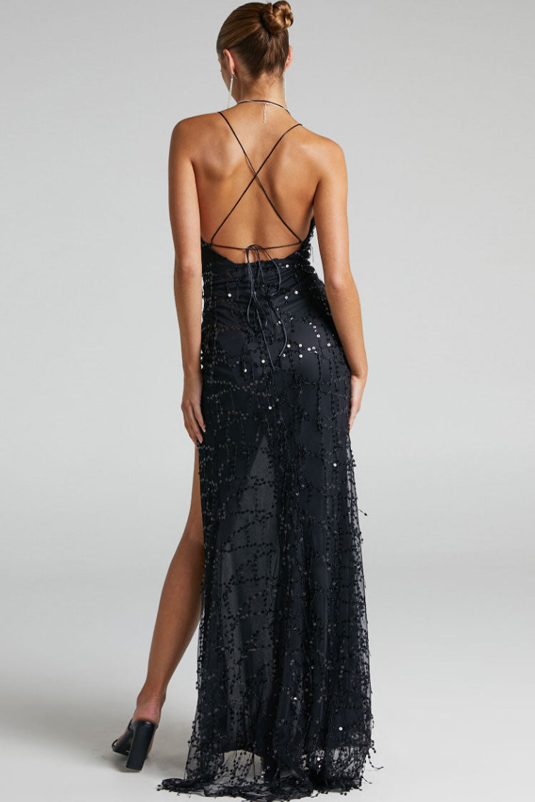 Sparkly Sequin Plunging High Split Backless Evening Maxi Dress - Black