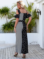 spot stripe splicing belt long wide leg body strap pants jumpsuit Sai Feel