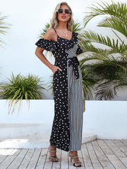 spot stripe splicing belt long wide leg body strap pants jumpsuit Sai Feel