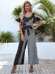 spot stripe splicing belt long wide leg body strap pants jumpsuit Sai Feel