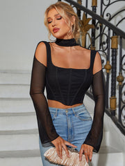 Boning Bell Sleeve Cut Out Mesh Corset Top