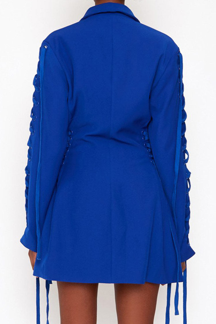 Robe mini blazer élégante à manches longues, à lacets et revers, ajustée et évasée - Bleu