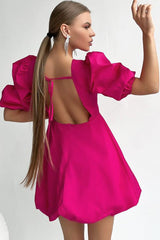 Sweet Round Neck Puff Sleeve Fit and Flare Backless Mini Dress - Hot Pink