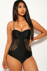 Black Perforated Push Up Bandeau One Piece Swimsuit