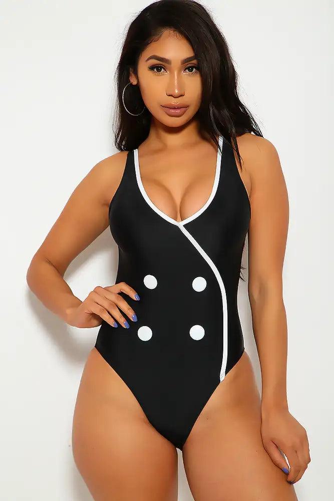 Black White Stripe Button One Piece Swimsuit