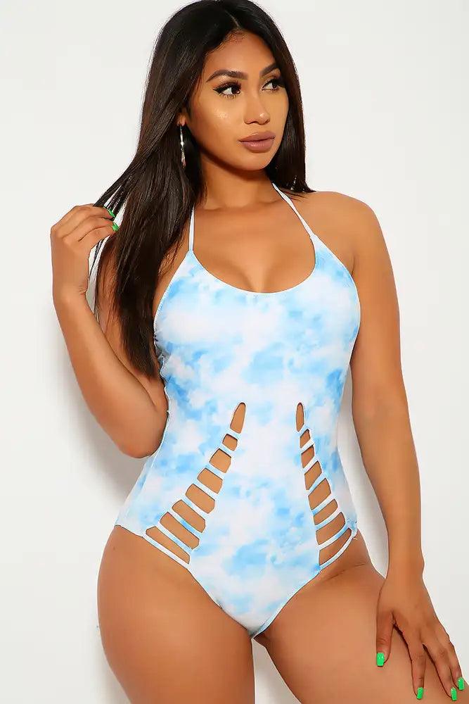 Blue White Cloud Print Halter Strappy Cut Out One Piece Swimsuit