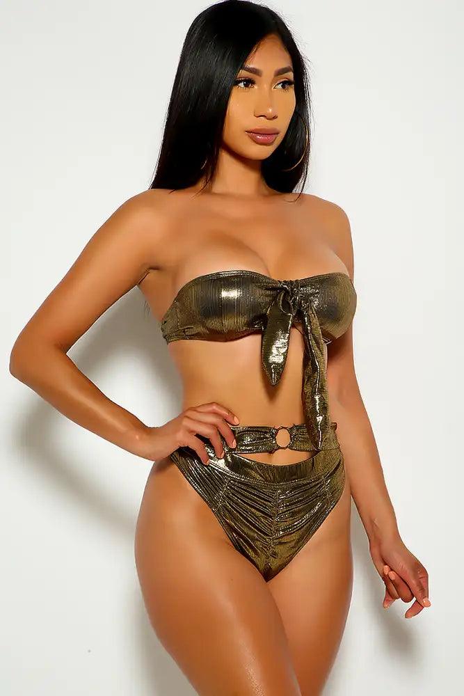 Bronze Ruched Strapless two Piece swimsuit