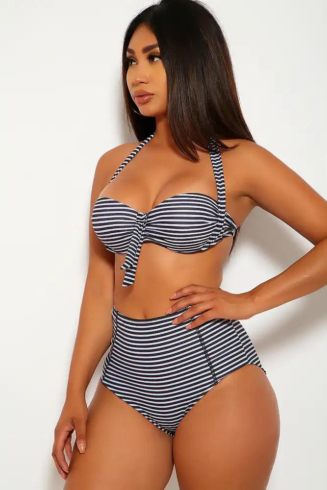 Black White Striped High Waist Swimsuit