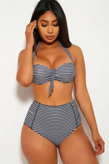 Black White Striped High Waist Swimsuit