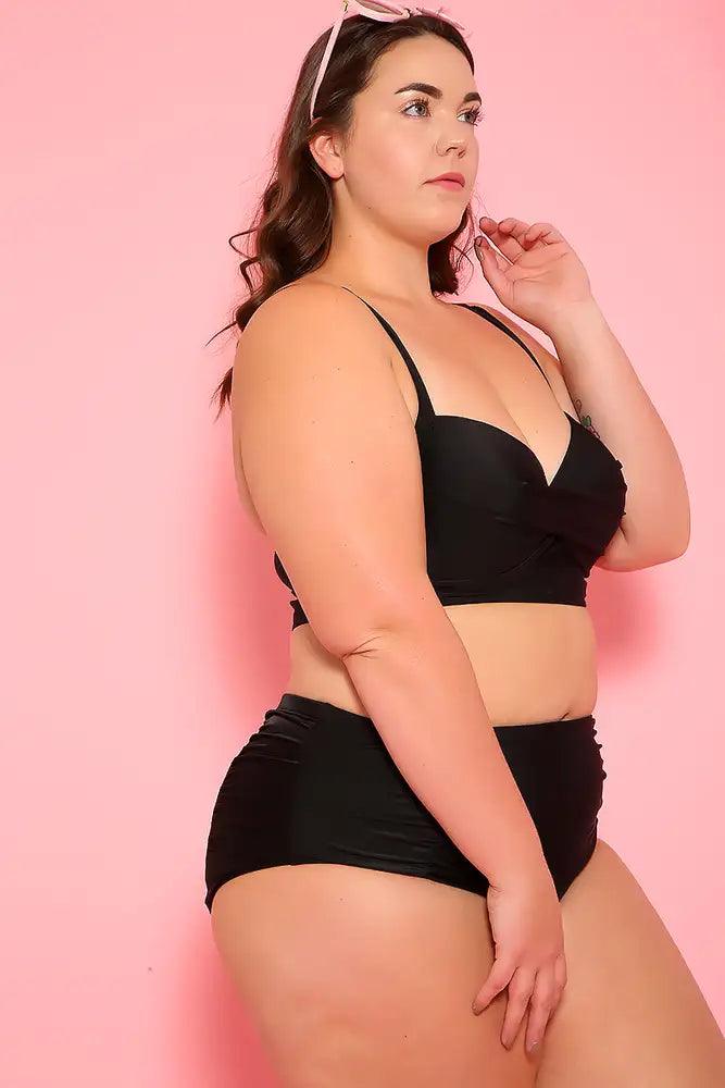 Black Padded Two Piece High Waist Plus Size Swimsuit