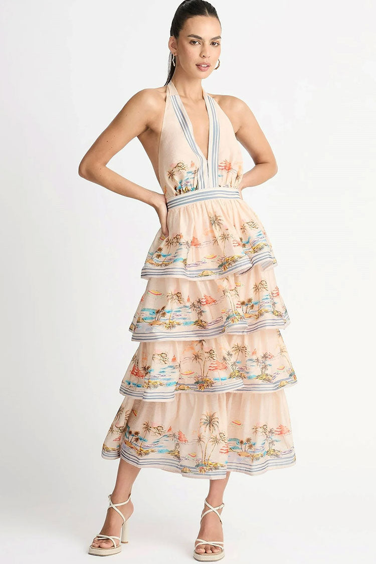 Swingy Halter V Neck Beach Vacation Printed Ruffle Tiered Midi Sundress - Cream