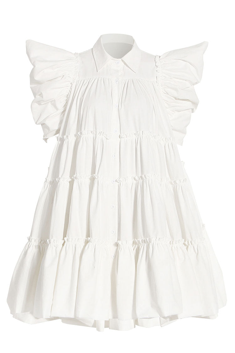 Swingy Puff Sleeve Ruched Ruffle Babydoll Shirt Mini Dress - White