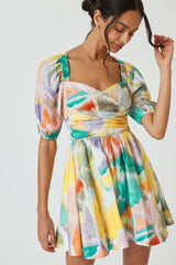Swingy Rainbow Tie Dye Puff Sleeve Smocked Mini Sundress - Multicolor