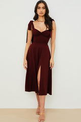 Tie Strap Fit & Flare High Slit Slip Midi Dress - Dark Wine