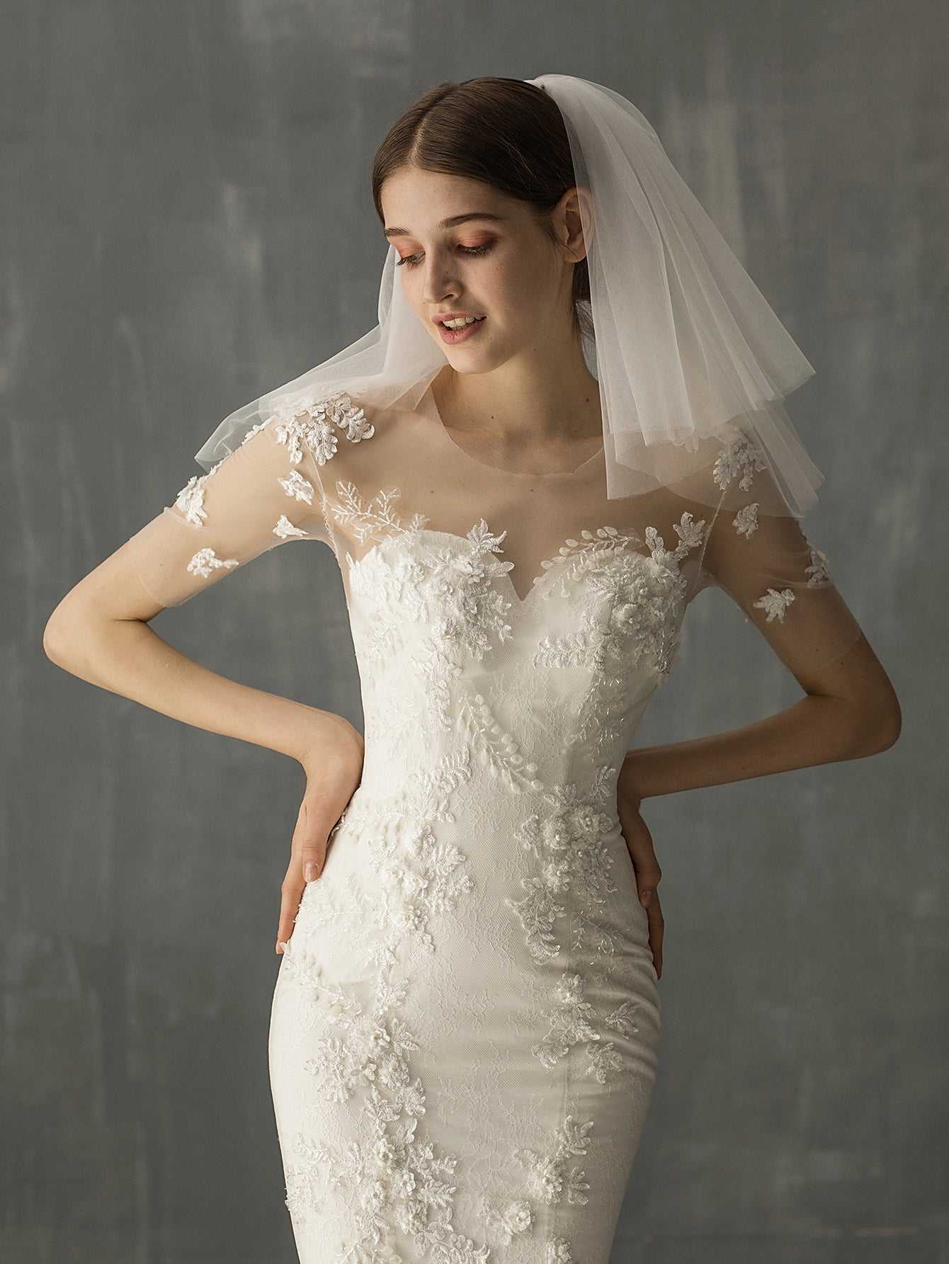 two-tier nylon short church wedding veil Sai Feel