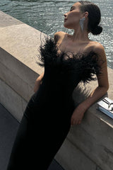 Vintage Sweetheart Strapless Bandage Knit Feather Trim Maxi Dress - Black