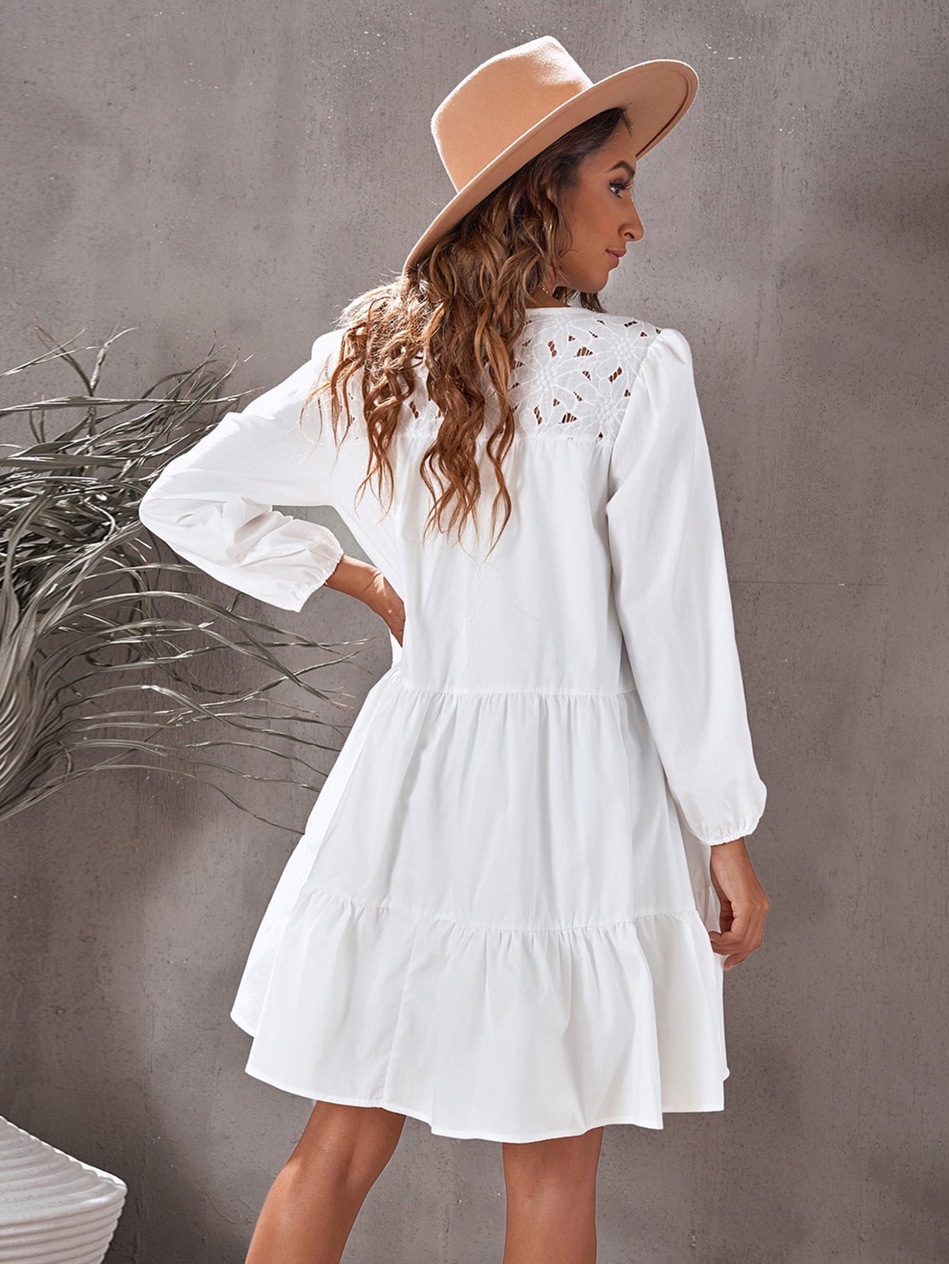 white Lace Yoke Mini Dress with 3/4 Bubble Sleeves Sai Feel